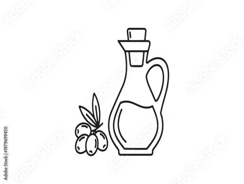 Title charming black and white illustration of an olive oil bottle with olives and branch description a simple line drawing depicts an