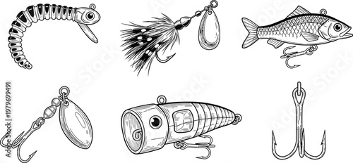 Detailed vintage style hand drawn fishing gear collection featuring various lures hooks and bait for angling enthusiasts and outdoor sports equipment illustration set isolated