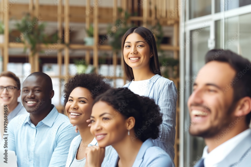 Fototapeta premium Diverse coworkers smiling together in office showing teamwork collaboration and inclusive workplace environment