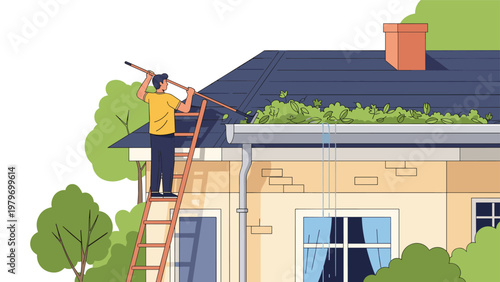 Maintenance worker standing on tall ladder to clean fallen leaves and debris from residential roof gutter system in backyard.