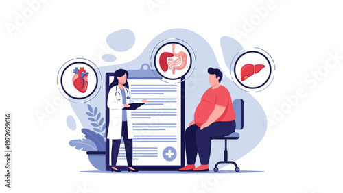Healthcare professional discussing medical health report and organ function risks with obese male patient in clinical office.