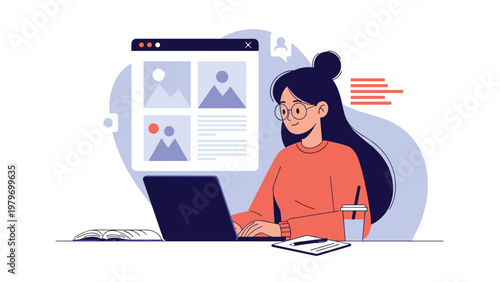 Creative female designer working on laptop while reviewing digital image gallery and multimedia content for project development.