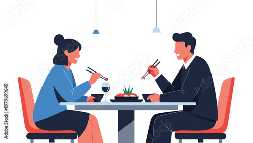 Happy young couple enjoying a romantic sushi dinner date while eating with chopsticks in a modern restaurant setting.