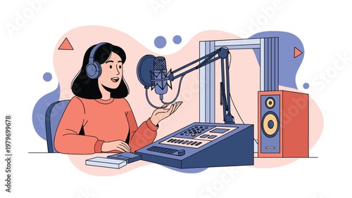 Radio host speaking into professional microphone while operating sound mixing board in modern recording studio broadcast booth.