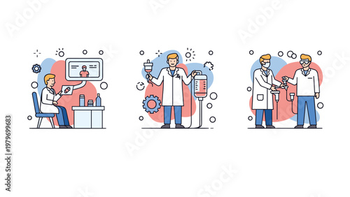 Infographic series showing diverse medical services including remote tele-consultation patient care and blood sample laboratory testing.