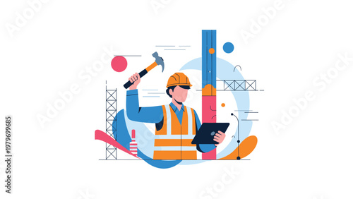 Professional construction worker in safety gear holding a hammer and digital tablet at building site with scaffolding background.