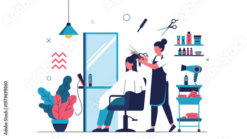 Professional hairdresser using scissors to style a customer's hair in a modern beauty salon with mirrors and styling tools.