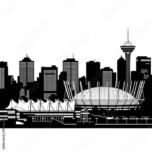 A striking black and white silhouette of the seattle city skyline