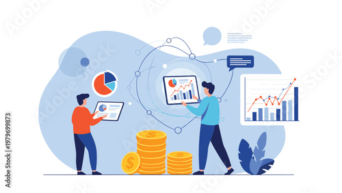 Team of financial experts analyzing stock market trends and profit growth using digital charts and stacks of gold coins.