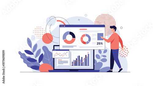 Business professional pointing at data analysis chart and twenty-five percent growth metric on laptop screen in office.