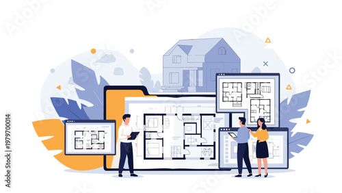 Professional architects reviewing detailed house floor plans and construction blueprints on multiple large digital display monitors.