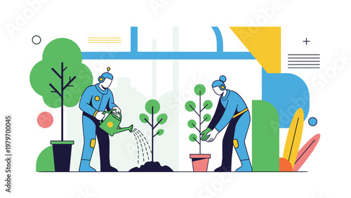 Futuristic scientists in high-tech protective suits nurturing young plants in advanced greenhouse facility for environmental restoration.