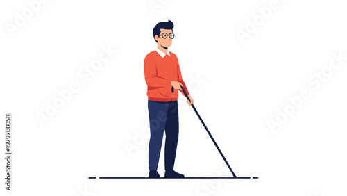 Vision impaired man with glasses confidently navigating the street while using a traditional white walking cane for mobility.