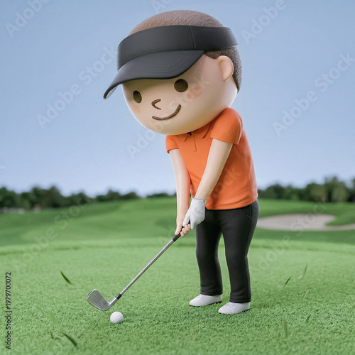 ゴルフのイメージ。ゴルフボールを打とうとしている若い男性のキャラクター。フィギュア風。ゴルフコース。