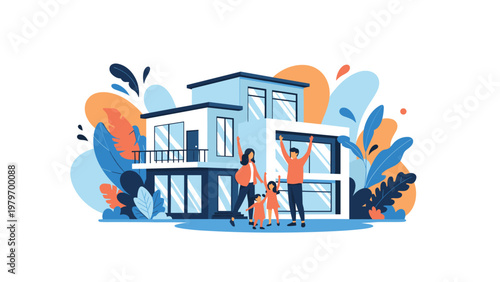 Joyful young family of four celebrating in front of their new modern two-story residential house with colorful abstract background.