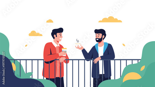 Two male colleagues enjoying a casual conversation and coffee break while standing on a modern outdoor balcony terrace.