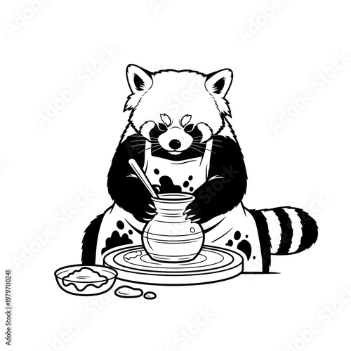 A red panda cheerfully crafting pottery at a spinning wheel
