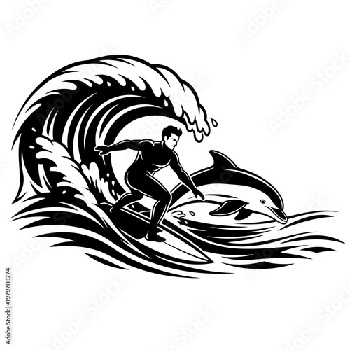 Surfer rides a wave with a dolphin in black and white design