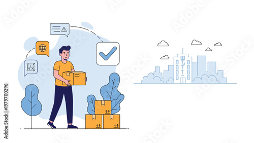 Logistics worker delivering packages in a city environment with verified shipping status and efficient route tracking.