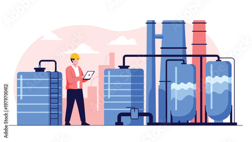 Industrial engineer monitoring oil refinery operations and storage tank levels using a digital tablet device.