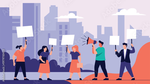 Group of activists peacefully protesting for social change and civil rights in a modern urban city environment.