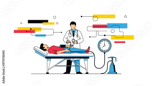 Professional doctor conducting a thorough medical checkup and monitoring blood pressure for a male patient in a clinic.