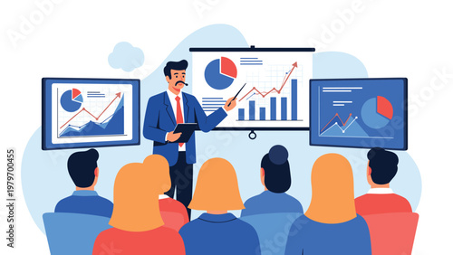 Expert speaker delivering a keynote presentation with data visualizations during a professional business seminar event.