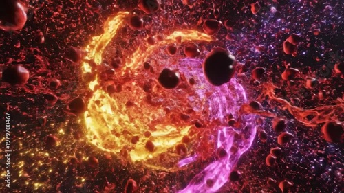 Explosive Cosmic Nebula with Fiery Particles and Space Dust in Deep Universe