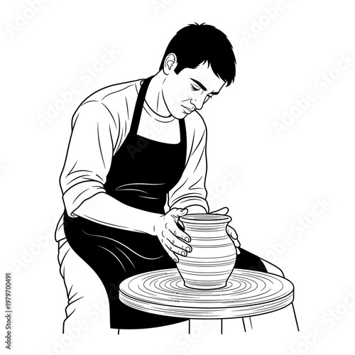 A focused potter shapes clay on a spinning wheel with skilled hands