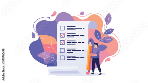 Professional completing a detailed checklist or survey form for project management and quality assurance standards.