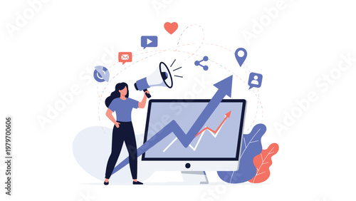 Marketing professional holding a megaphone next to a large monitor displaying social media icons and a rising arrow to show brand growth.