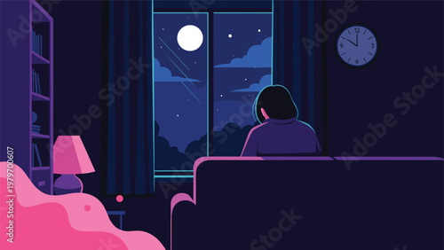 Person sitting alone on a sofa looking out of a large window at the full moon and stars in the dark night sky from a quiet living room.