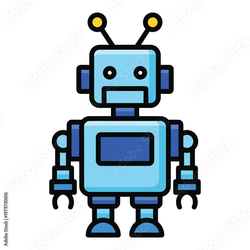 Cute blue robot with antennae and claws standing alone icon