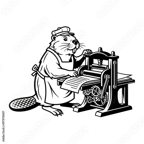 An anthropomorphic beaver diligently operates a vintage printing press