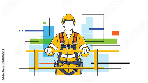 Construction worker in a yellow hard hat and full body safety harness standing on an elevated platform at an industrial development site.