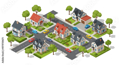 Isometric suburban neighborhood with houses and streets.