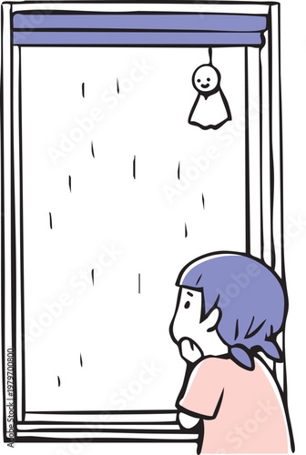 窓辺から雨を眺める憂鬱な女の子_2色