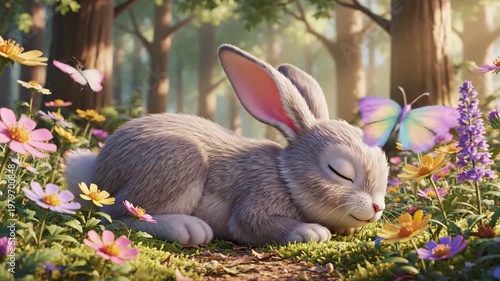 Cute Sleeping Bunny in Enchanted Forest with Soft Magical Light and Flowers