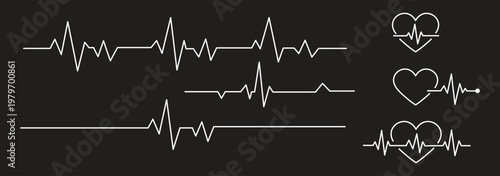 Heartbeat pulse line icon vector. Medical symbol for cardiovascular health  heart rate monitor and clinical diagnostic electrocardiogram set. Vector Illustration