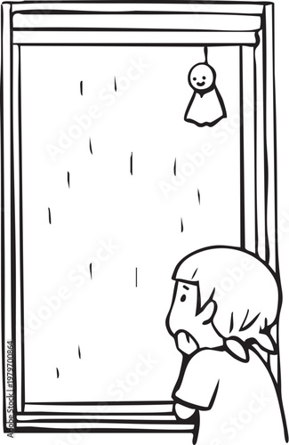 窓辺から雨を眺める憂鬱な女の子_線画