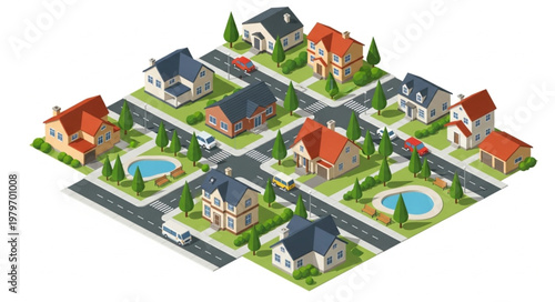 Isometric suburban neighborhood with houses and streets.