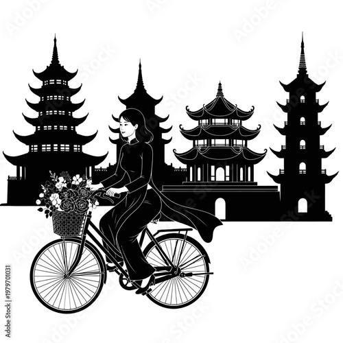 Woman on a bicycle rides past traditional asian pagodas and towers