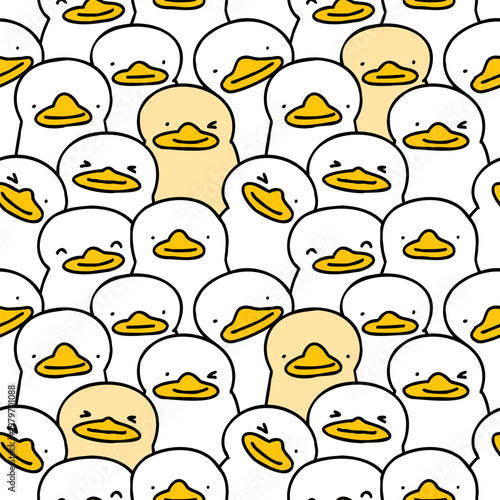 Seamless Pattern of Cartoon Duck Design. Hand Drawn Vector Illustration. 