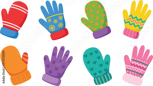 Colorful Winter Gloves and Mittens Icon Set with Fun Patterns, Styles, and Vibrant Colors for Cold Weather, Fashion, and Outdoor Designs