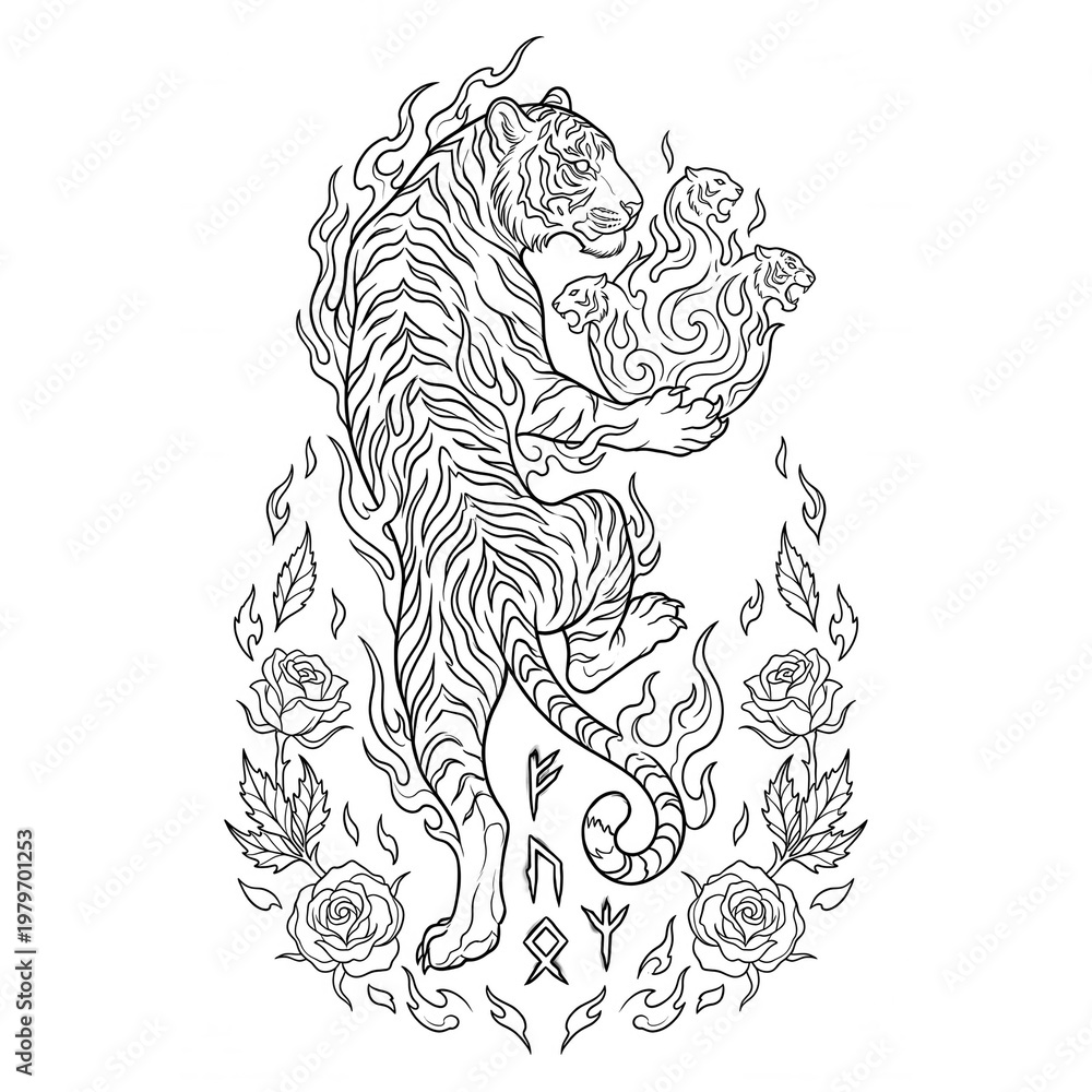 Obraz premium Flaming Tiger with Runes and Roses Black and White Coloring Page