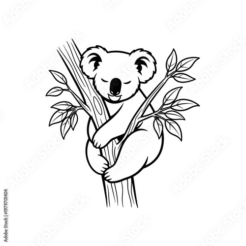 A charming black and white illustration of a koala clinging to a tree
