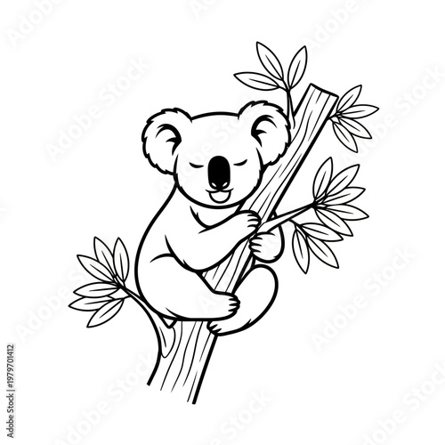 A cute koala bear clings to a branch in a simple illustration