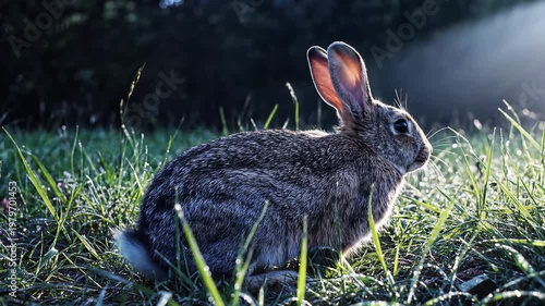 Wild Rabbit Sitting in Green Grass with Morning Sunlight – Nature and Wildlife Scene
