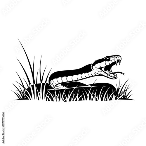 Black and white illustration of a cobra striking from tall grass