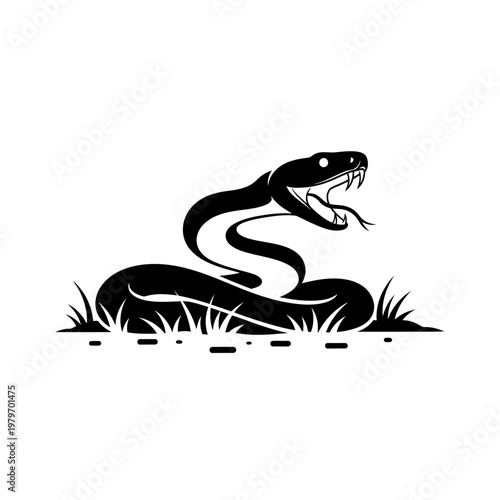 Black silhouette of a cobra poised to strike amongst tall grass